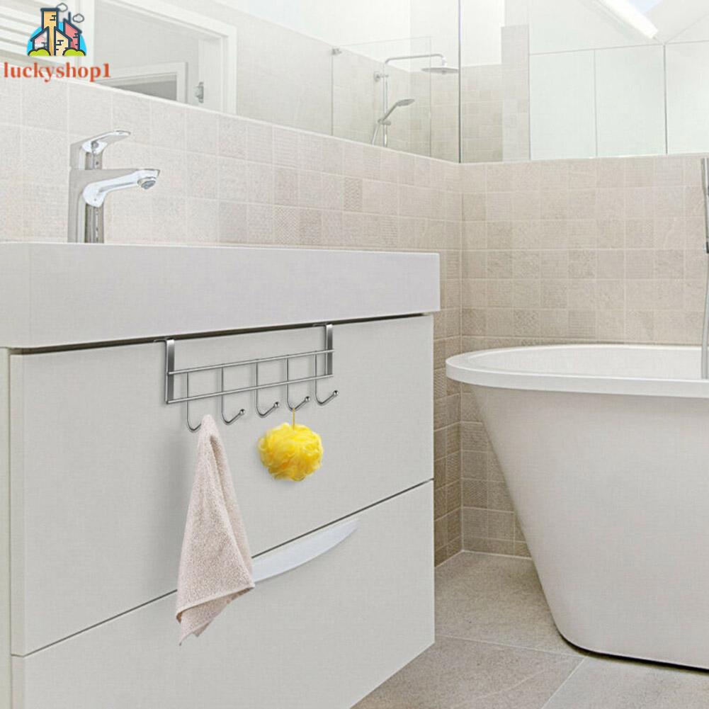 5 Hooks Over Door Hooks Wash Room Hanger Clothes Towel Storage Stainless Steel Holder Door Back Hanging