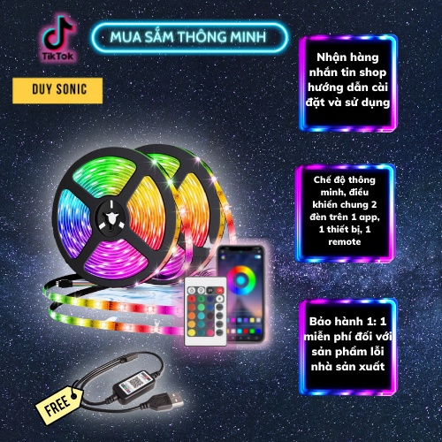 Cuộn dây đèn led Tiktok, LED RGB 5050 điều khiển thông minh 16 triệu màu, led dán tường thông minh