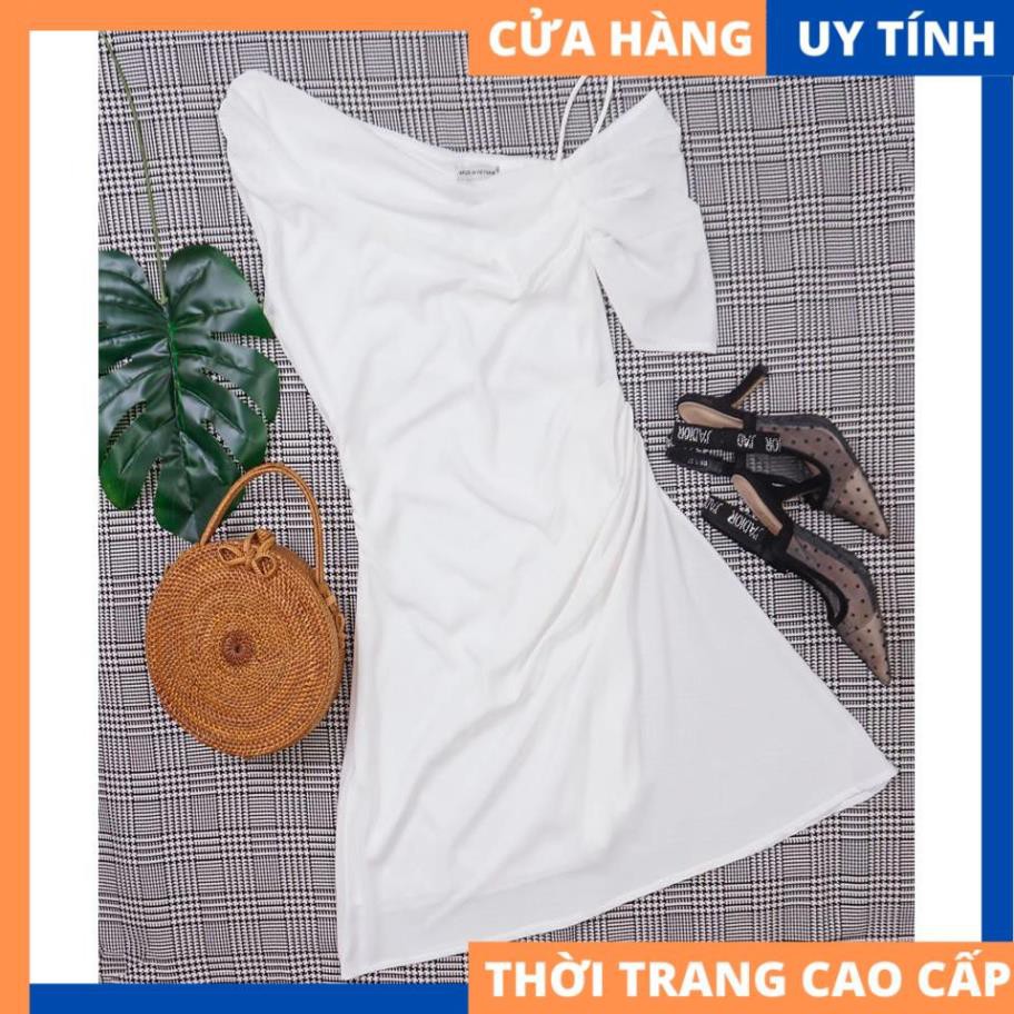 Đầm 2 dây rớt vai lệch tông trắng thướt tha dịu dàng [HÀNG CAO CẤP]