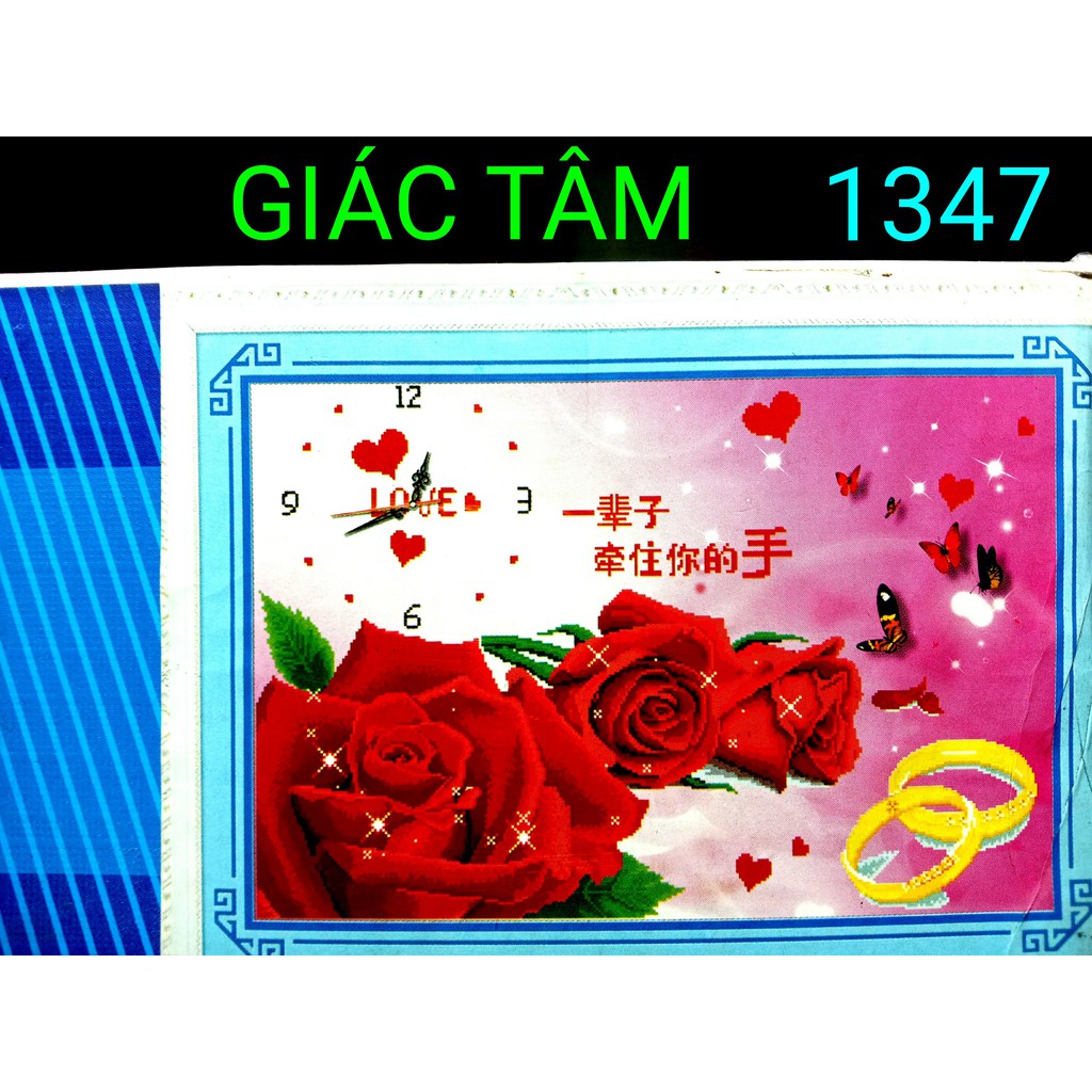 Tranh đá ĐỒNG HỒ LOVE - 83x58cm - 1347 - BÔNG HOA HỒNG BƯỚM CẶP NHẪN CƯỚI TRÁI TIM TÌNH YÊU CHỮ - tranh đá chưa làm