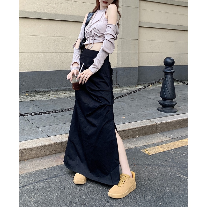 QKOOLE Chân váy chữ A lưng cao xẻ tà phong cách Hàn Quốc thời trang cho nữ | BigBuy360 - bigbuy360.vn