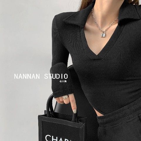 COZOK Áo kiểu polo COZOK tay dài cổ chữ V ôm dáng co giãn phong cách vintage quyến rũ dành cho nữ