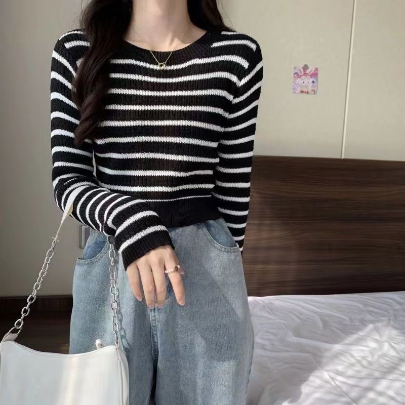 Áo Sweater Cổ Tròn Tay Dài Dáng Ôm Lưng Cao Kẻ Sọc Thời Trang Mùa Thu Cho Nữ