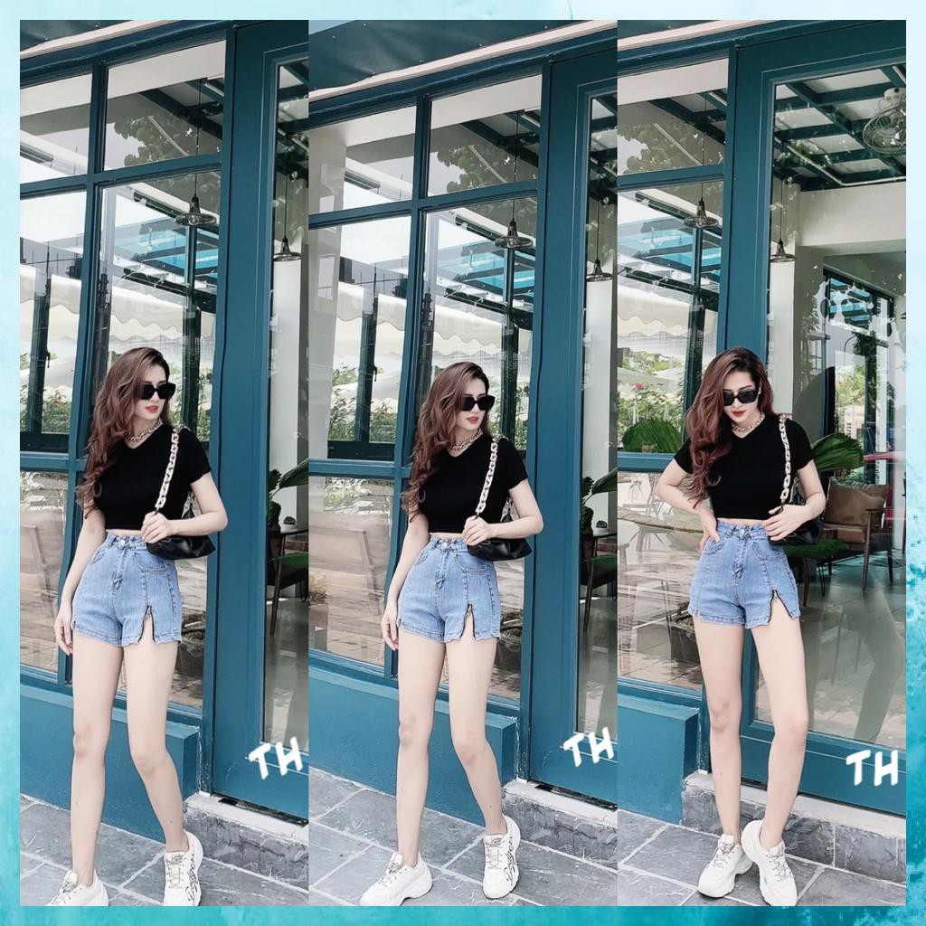 [TH Jeans] Quần sooc bò trơn, quần shorts jeans lưng cao túi chéo khóa gấu lệch. Mã S0105