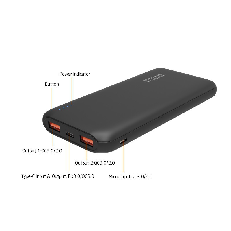 Pin sạc dự phòng Tcare 10000mAh 2 cổng QC 3.0 Type-C Micro USB T365 V1