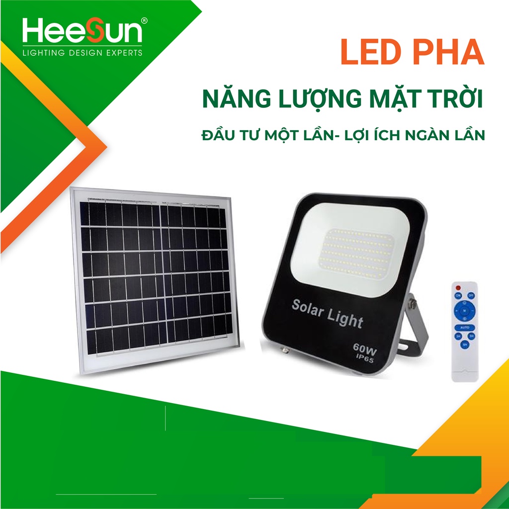 Đèn led pha năng lượng mặt trời Heesun 100W 60W có điều khiển từ xa, đèn năng lượng mặt trời 100W 60W