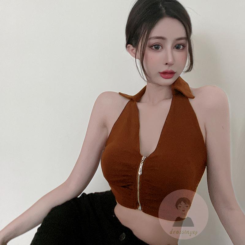 Áo Thun Ba Lỗ Cổ Chữ V Màu Trơn Có Khóa Kéo Thời Trang Mùa Hè Cho Nữ