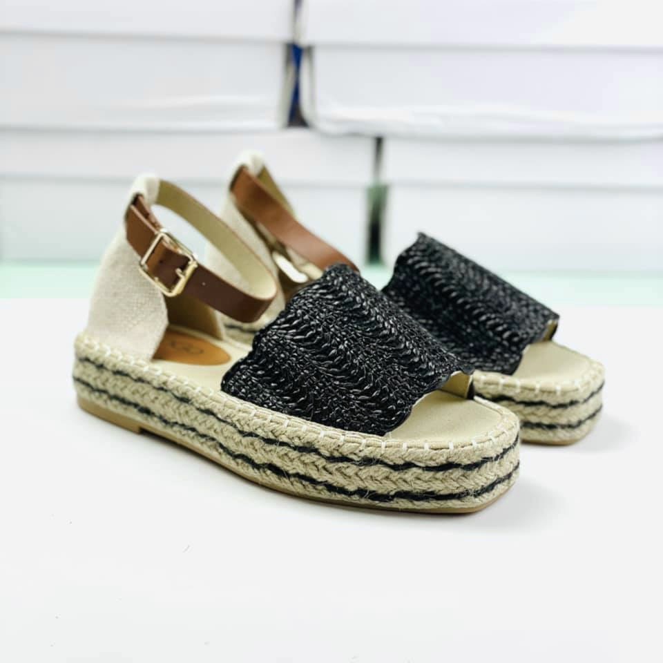 Sandal đế cói GOGO , quai ngang màu đen - Jelly shop