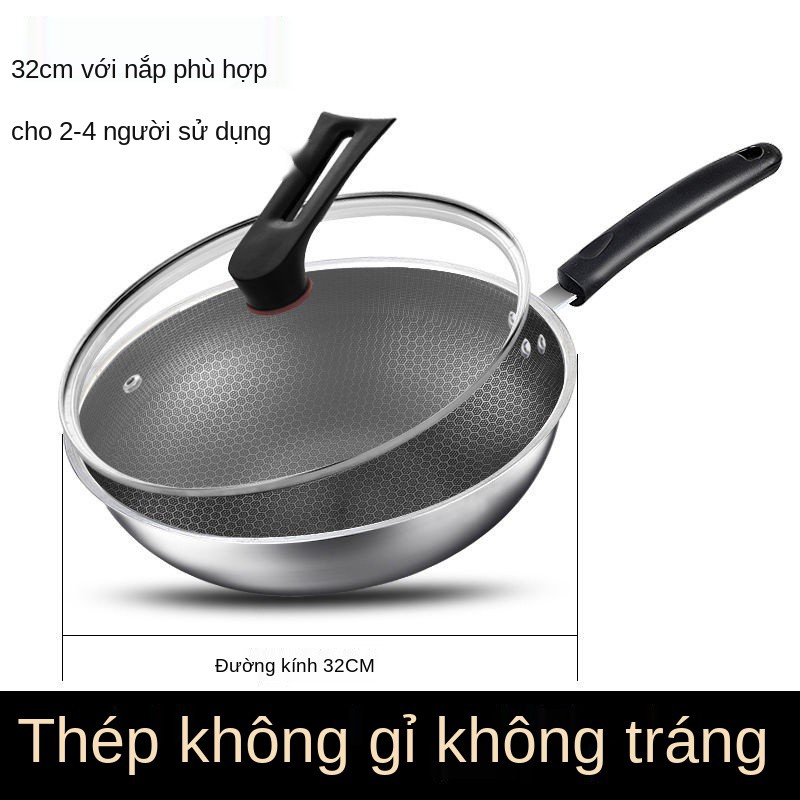 №☈♞Chảo inox đáy phẳng chống dính bếp gas gia đình thích hợp dùng cho từ nấu nướng đặc biệt không khói dầu và t