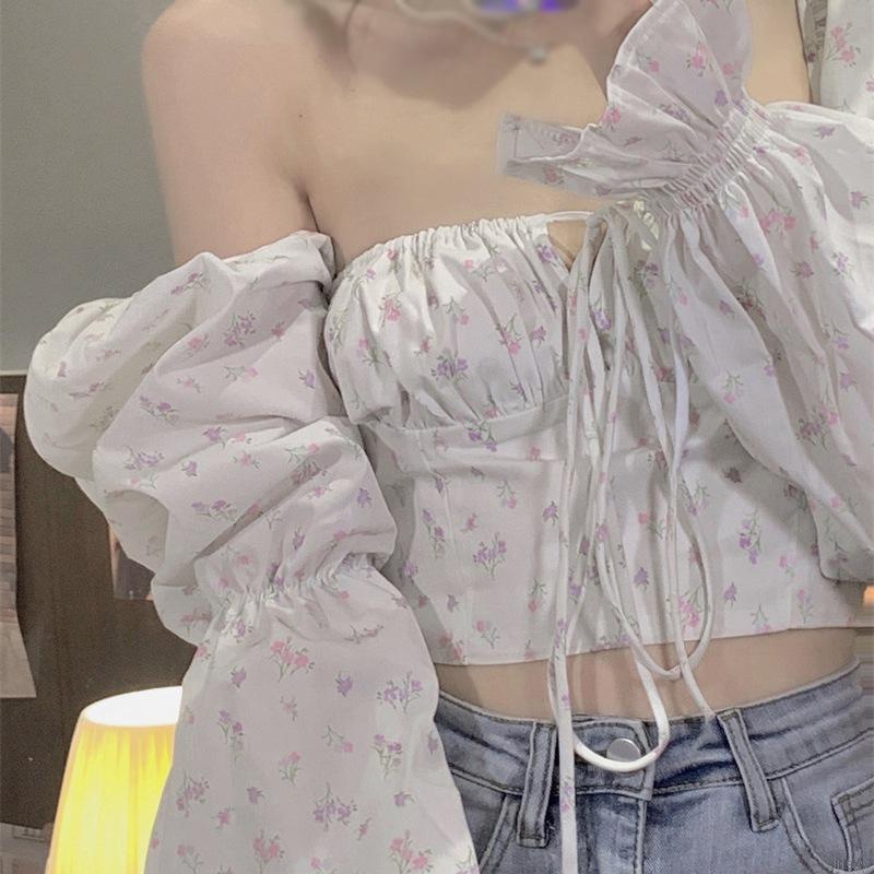 Áo croptop tay dài phồng cổ vuông in hoa phối bèo phong cách retro Hàn Quốc xinh xắn cho nữ