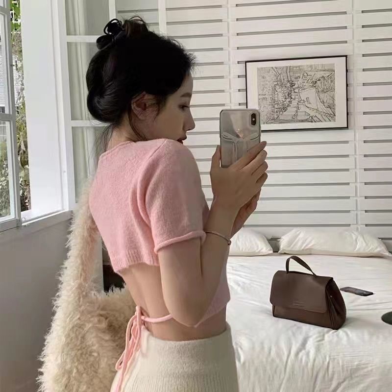 COZOK Áo Croptop Dệt Kim Tay Ngắn Thiết Kế Hở Lưng Quyến Rũ