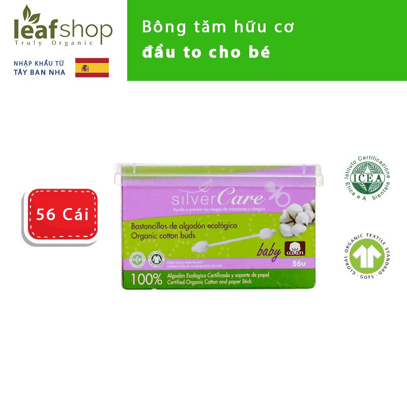 Bông tăm hữu cơ đầu to cho bé Silvercare hộp 56 cái