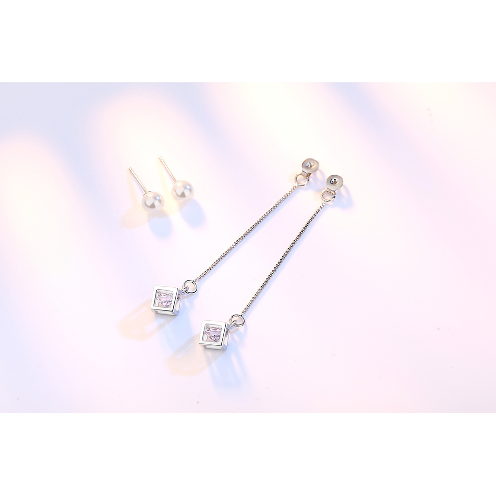 Bông Tai Bạc 925 Hình Khối Rubik Phối Dây Xích Thời Trang Hàn Quốc Cho Nữ-S1