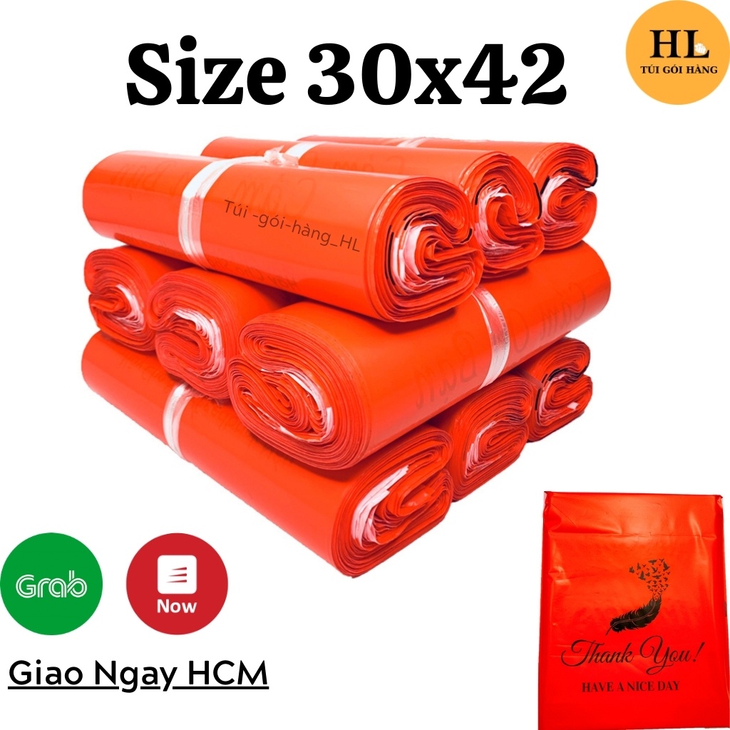 Túi gói hàng in sẳn thiệp tri ân & khuyến khích khách hàng đánh giá màu đỏ size 30x42 TUIGOIHANGHL