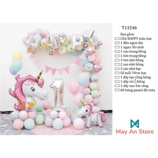 Combo bong bóng trang trí, tổ chức sinh nhật Happy Birthday, thôi nôi phong cách kì ảo cho bé gái yêu thích kỳ lân