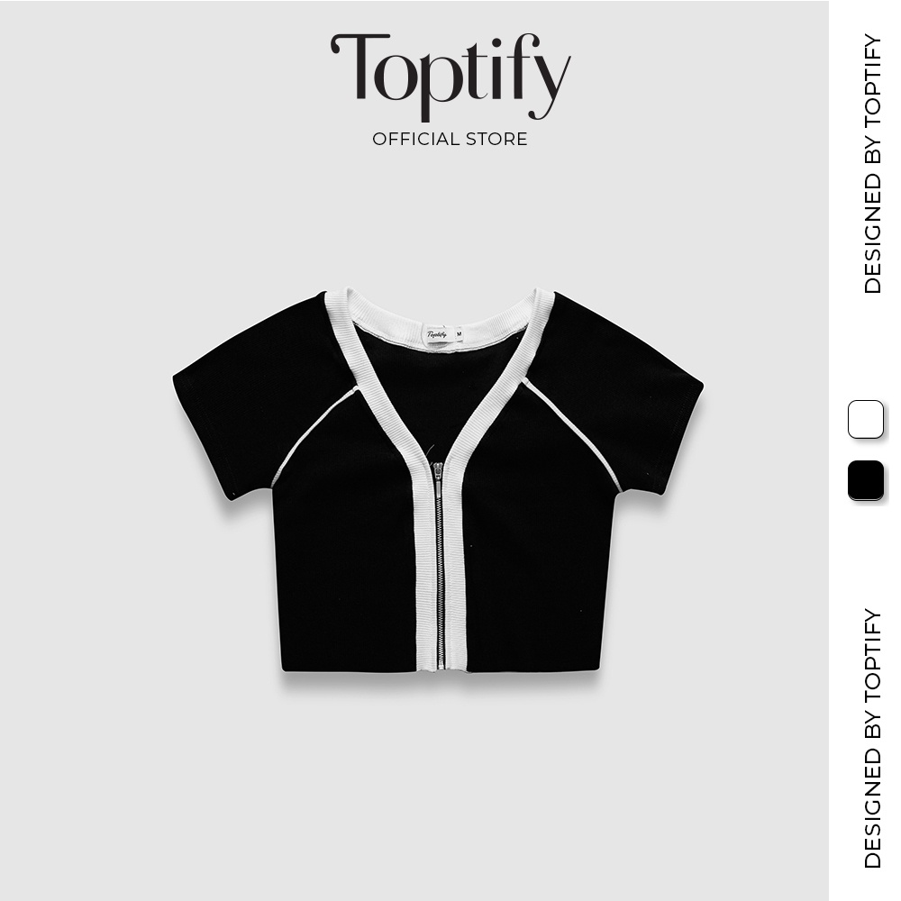 Áo croptop nữ tay ngắn dây kéo TOPTIFY cổ tim viền phối màu Call Me Your Top AC09