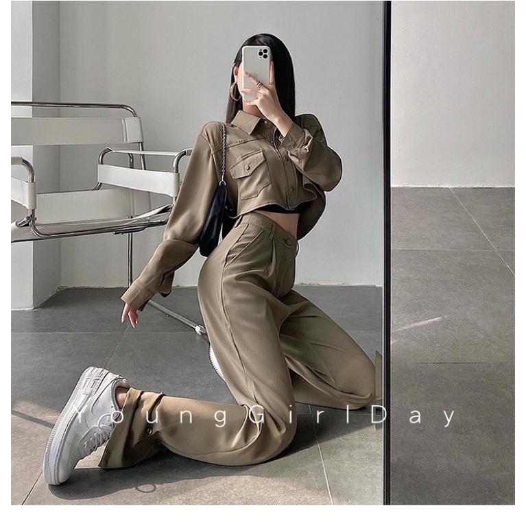 Set áo khoác somi sơmi sơ mi croptop tay dài quần âu cạp cao ống dài rộng phủ giày bấm khuy