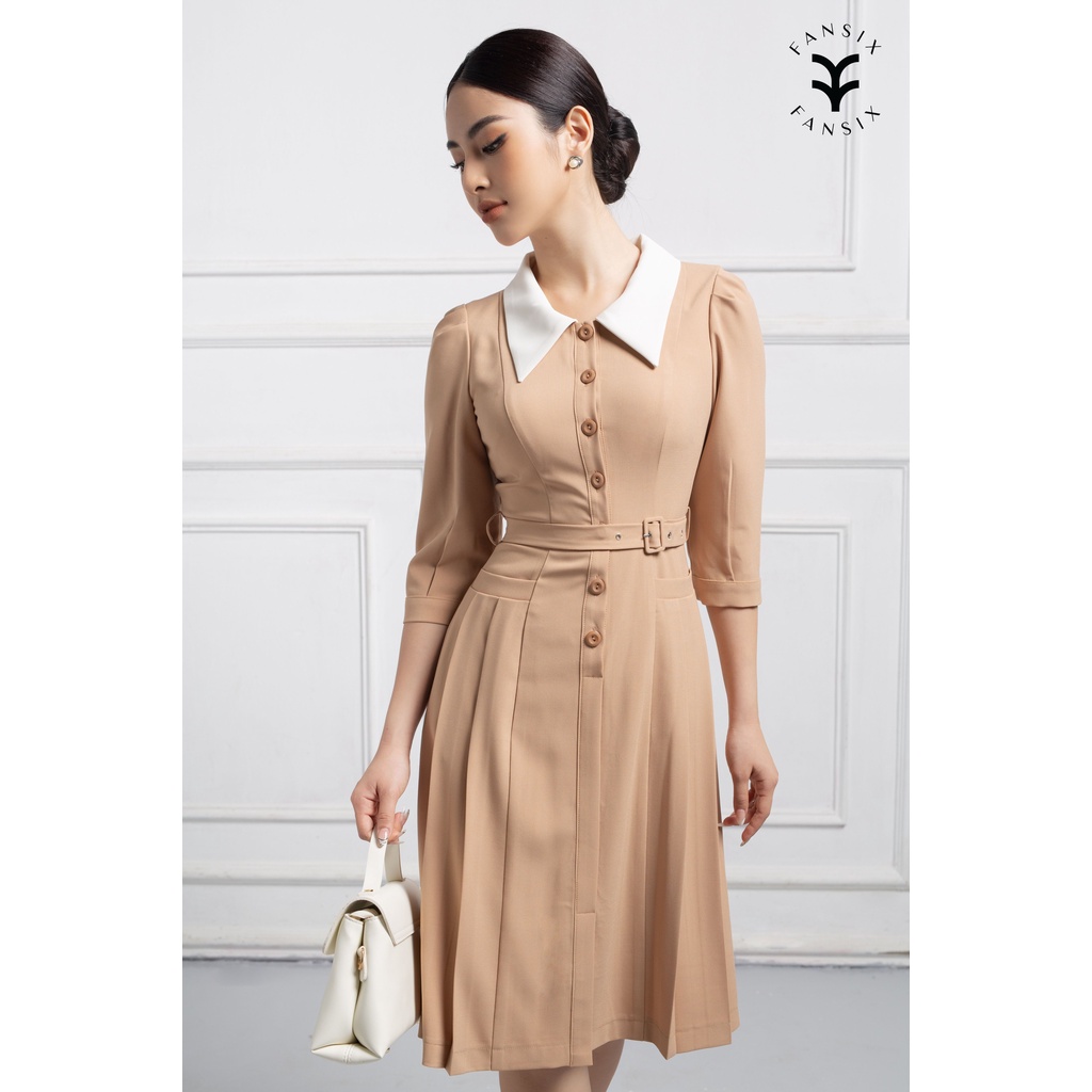 Đầm chữ A tay lỡ phối cổ sơ mi FANSIX - DL17 thiết kế tay bồng, vải mango dày dặn, 2 màu sang chảnh kèm đai. | BigBuy360 - bigbuy360.vn