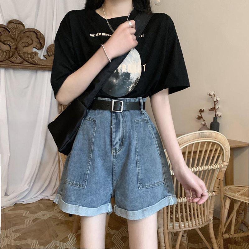Quần Đùi Jeans Nữ Màu Xanh Có Túi Hai Bên Một Cúc, Quần Short Denim Dáng Ngắn Ống Rộng Phong Cách Ulzzang Loại 1