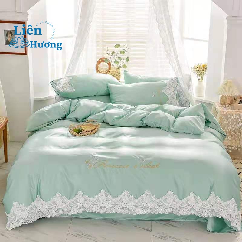 Bộ Chăn Ga Gối Lụa Silk 4 Món Viền Bèo Tiểu Thư _Loại 1_ Chất Liệu Lụa Không Nhăn Bóng Đep