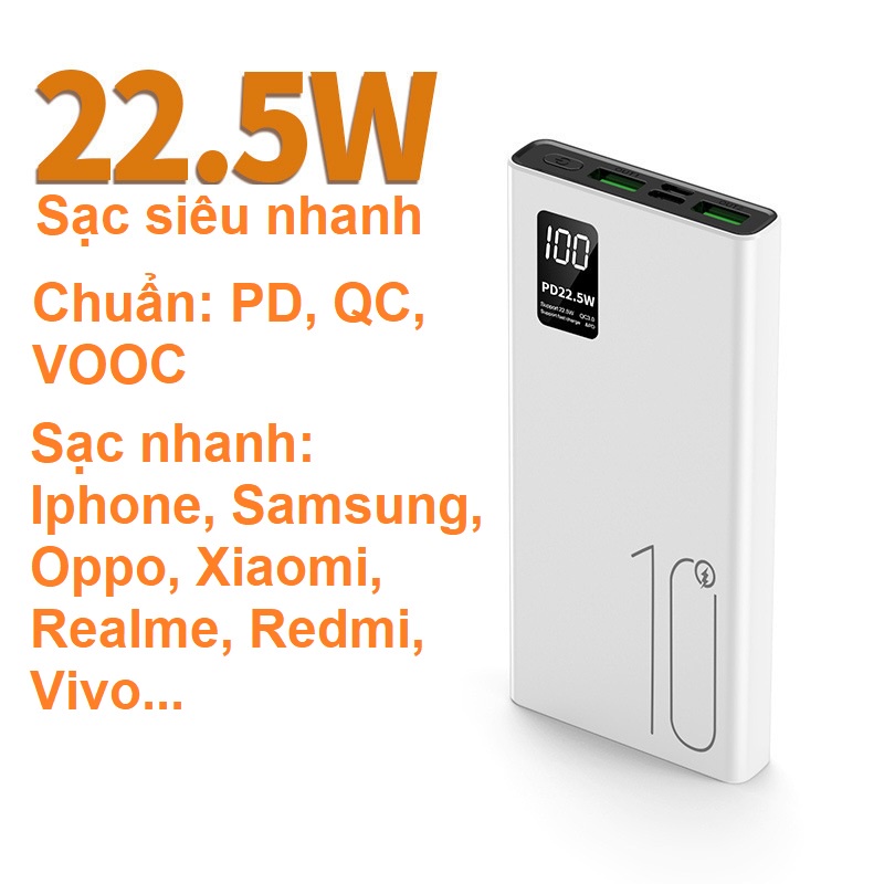 Sạc dự phòng 20000mAh, sạc nhanh 22.5w chuẩn cổng Type-C, pin lithium ion chất lương cao