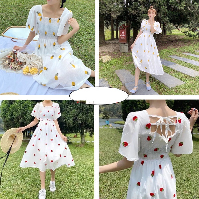 Đầm in hình quả dứa/ dâu thời trang mùa hè Hàn Quốc mới năm 2021