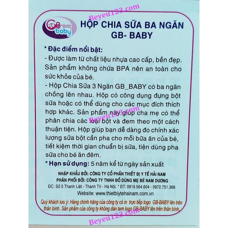 Hộp chia 3 ngăn đựng sữa bột, thức ăn cho bé GB BABY (Công nghệ Hàn Quốc)