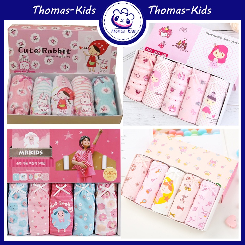 Bộ 5 Quần Lót Cotton Màu Trơn In Họa Tiết Hoạt Hình Cho Bé Gái 2-13 Tuổi