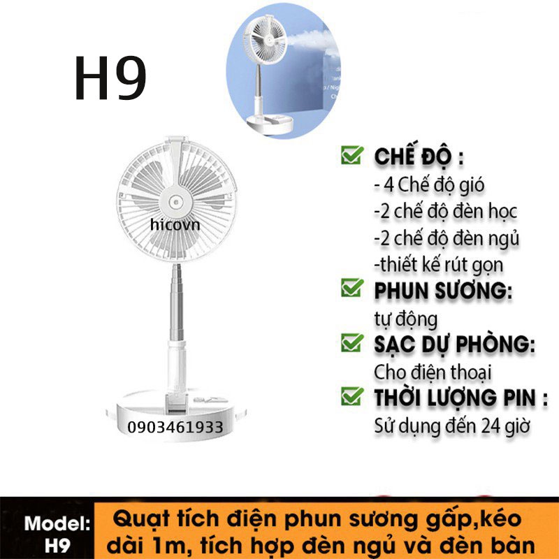 Quạt tích điện gấp gọn đa năng phun sương hơi nước H9 HS9 Quạt không dây phun sương hơi nước gấp gọn tiện lợi di chuyển
