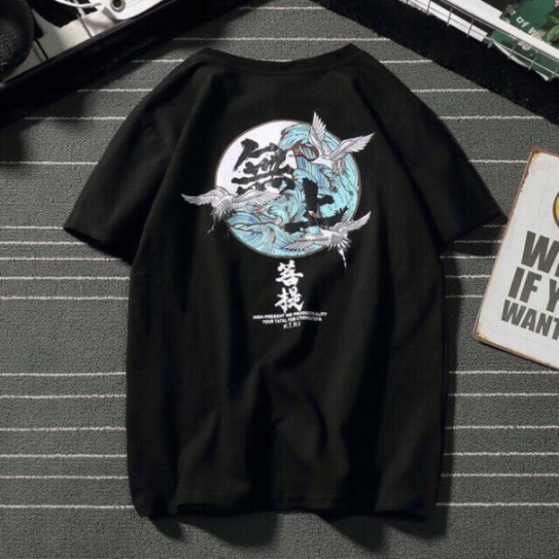 Áo thun cổ tròn nam in chim hạc chất cotton co dãn 4 chiều mặc mùa hè