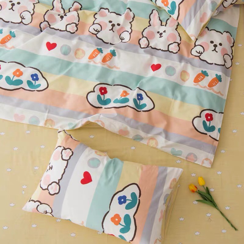 Chăn Ga Gối , cotton poly chăn ga Hàn Quốc đủ màu đủ size miễn phí bo chun mẫu THỎ HỒNG KẺ