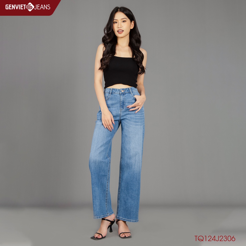 Quần Jeans Nữ Dáng Dài GENVIET JEANS Ống Vảy Loe Nhẹ Cạp Cao TQ124J2306