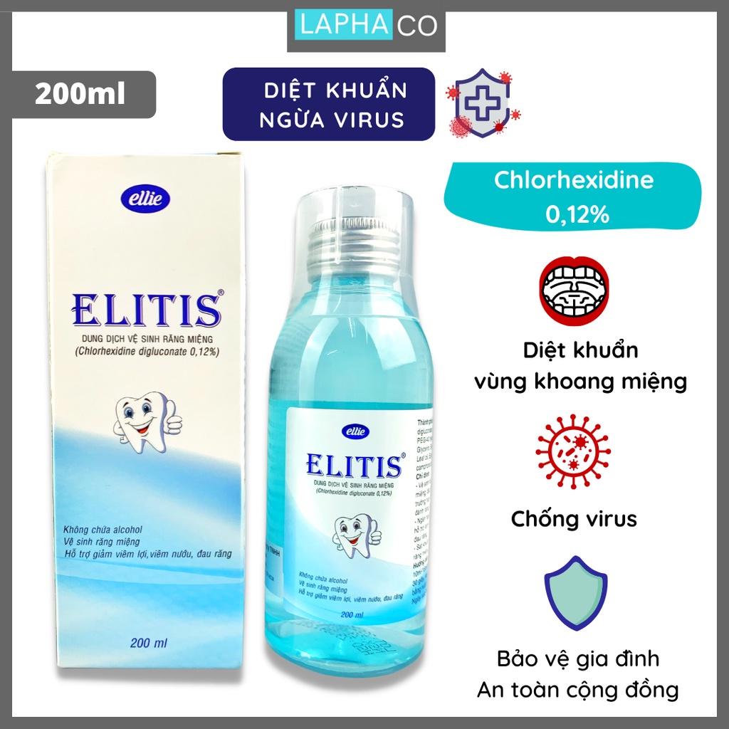 Combo 4 chai Nước súc miệng họng Elitis Chlorhexidine 0,12% dung tích 200ml