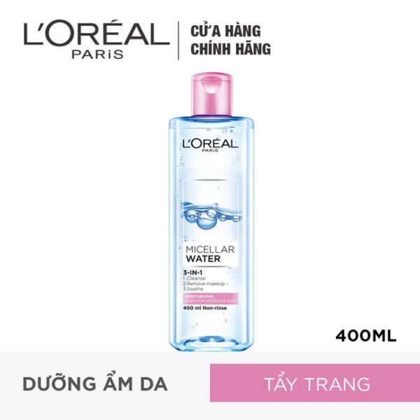 Nước tẩy trang Loreal paris 3 in 1 micellar water 400ml Moisturizing màu hồng cho da khô | BigBuy360 - bigbuy360.vn