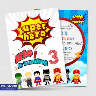Thiệp thôi nôi –  sinh nhật Siêu anh hùng Pluxi (PX_SN101)