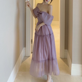 đầm maxi ren trễ vai nơ koreastyle