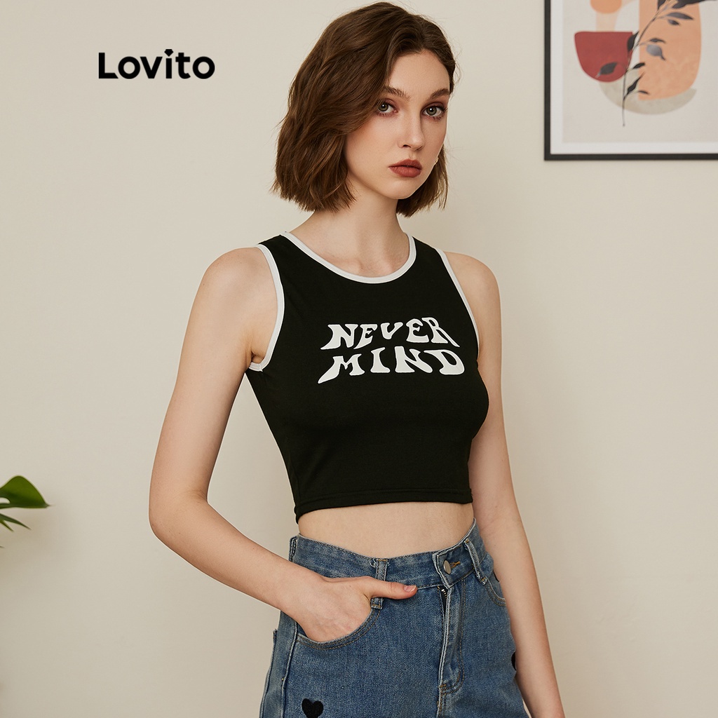 Áo sát nách Lovito dáng ngắn phối viền tương phản in chữ phong cách Preppy L19D018 (màu đen)