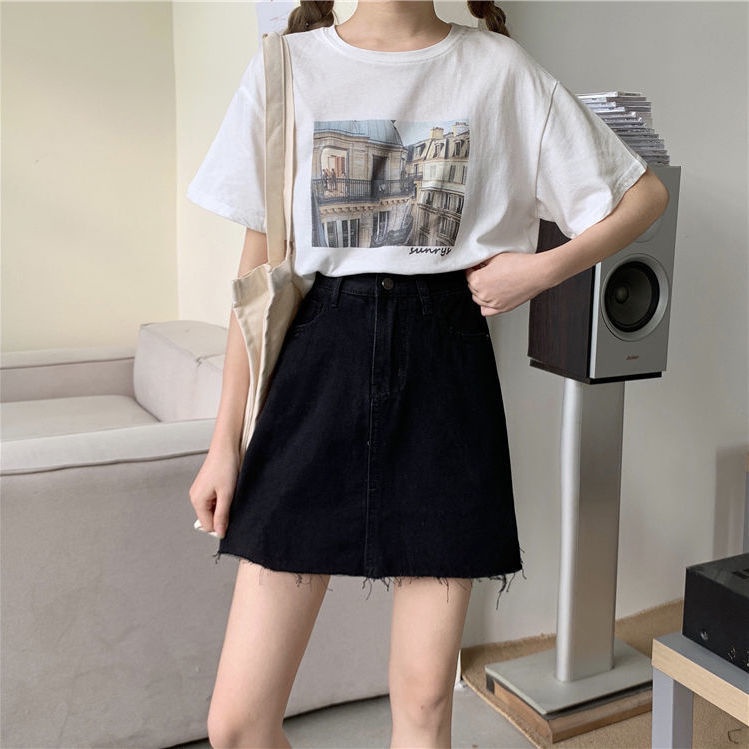 COZOK Chân váy jean Lưng Cao Form Ôm Thiết Kế Rách Tua Rua Phong Cách Retro