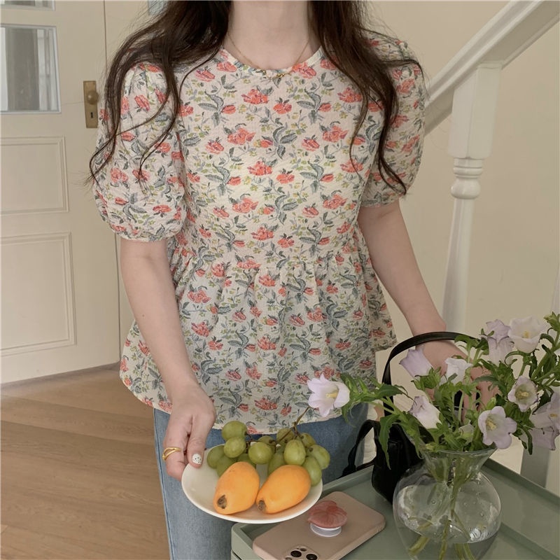 Salty Áo Sơ Mi Ngắn Tay Phồng Ngọt Ngào Giảm Tuổi Hình Hoa Cho Nữ