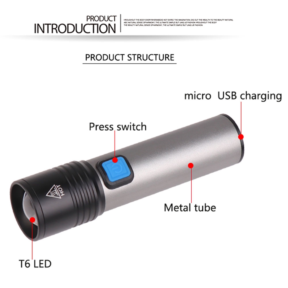 Đèn pin LED T6 sạc cổng USB 4 chế độ sáng tiện lợi