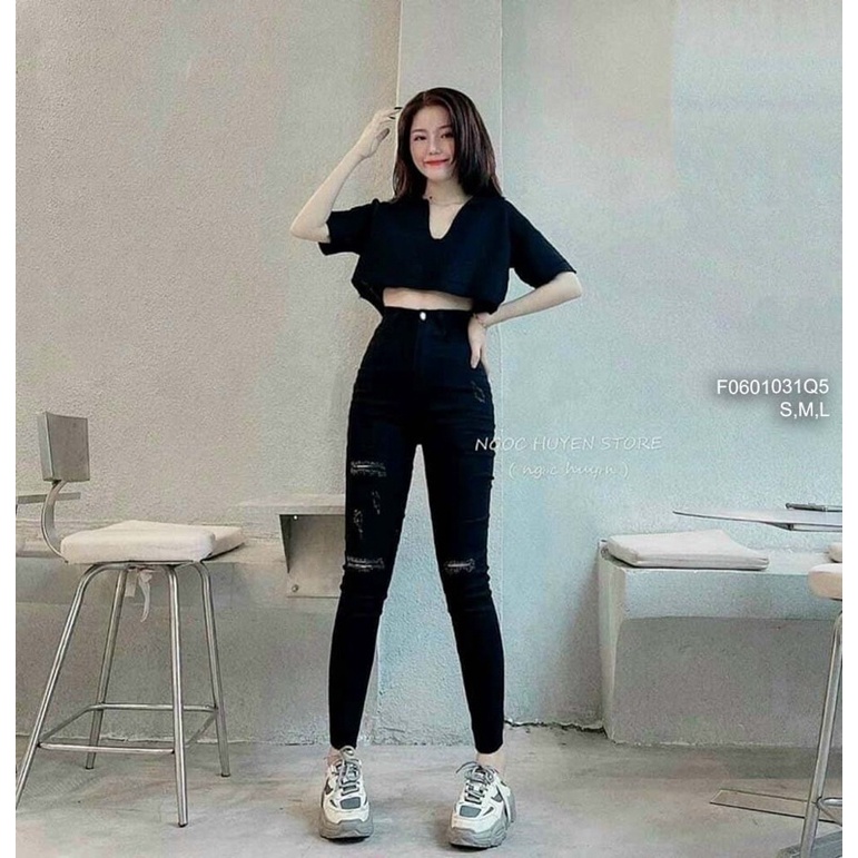 Quần jeans đen rách gối