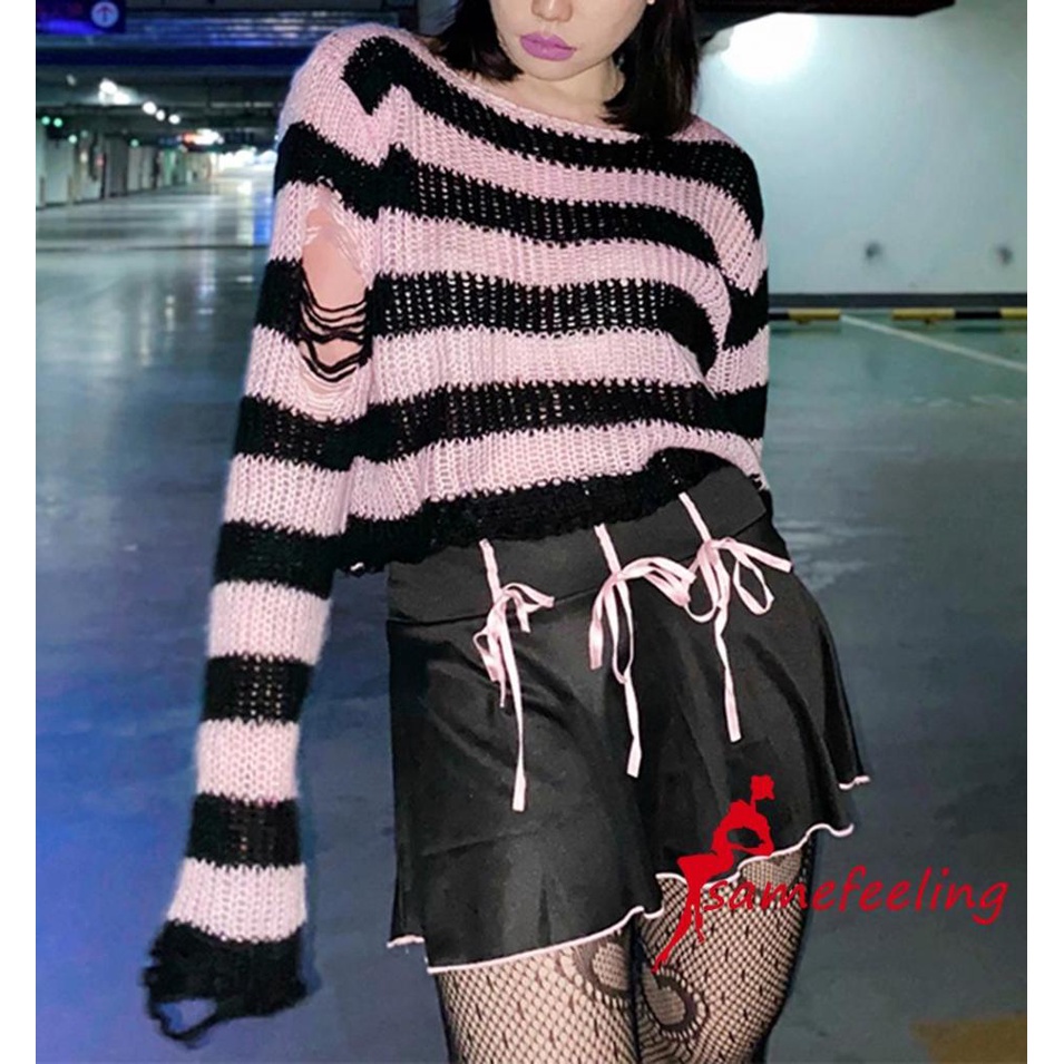 Áo len tay dài cổ tròn họa tiết kẻ sọc màu sắc thời trang cho nữ