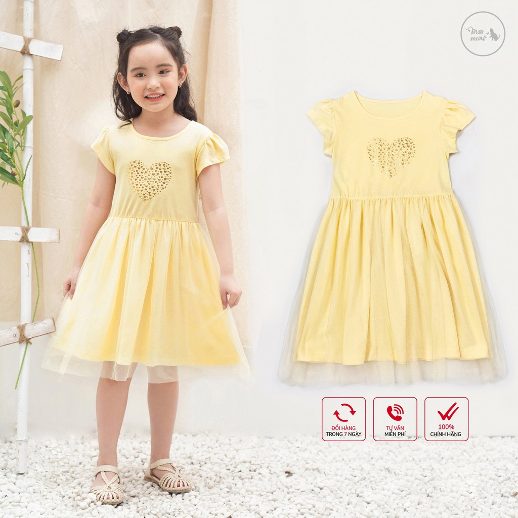 Váy Cotton Cho Bé Gái Mùa Hè, Miss Meow, Size Đại. Đầm Trẻ em Vàng Ren 3-9