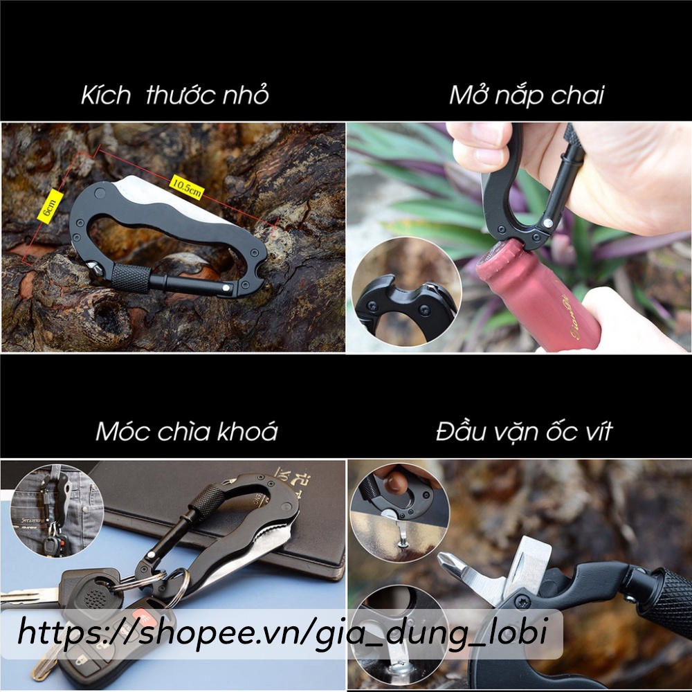 Móc khoá chữ D Carabiner phụ kiện dã ngoại 4in1 móc chìa khoá, tua vít, mở nắp chai, dao cắt chất liệu hợp kim cao cấp