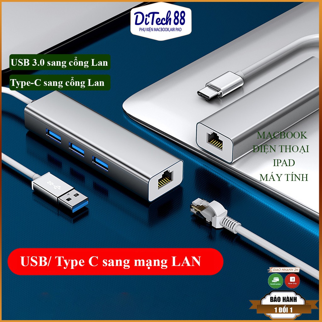 Cáp chuyển đổi Usb sang Lan để cắm vào mạng cho máy tính,USB to Lan,Type c to Lan cho Macbook DItech88