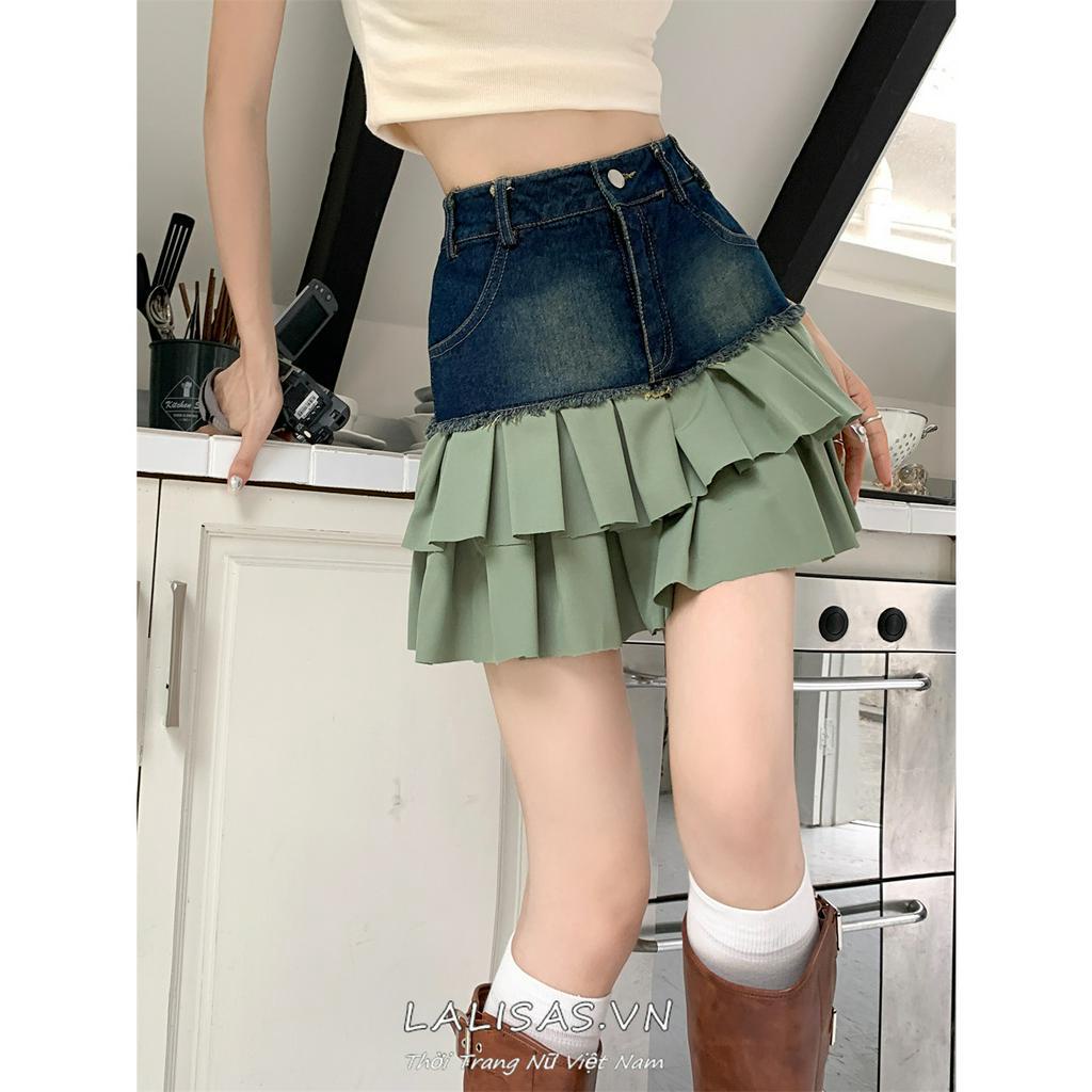 Lalisas Chân váy jean Ngắn Chữ A Lưng Cao Xếp Tầng Phối Họa Tiết Gia Vị retro Cho Nữ