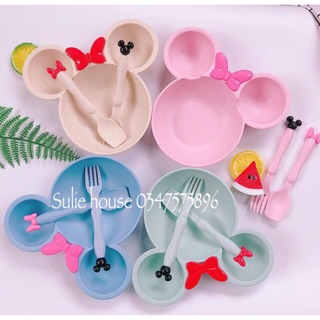 Khay nhựa lúa mạch Mickey có nơ kèm thìa dĩa cho bé ăn dặm