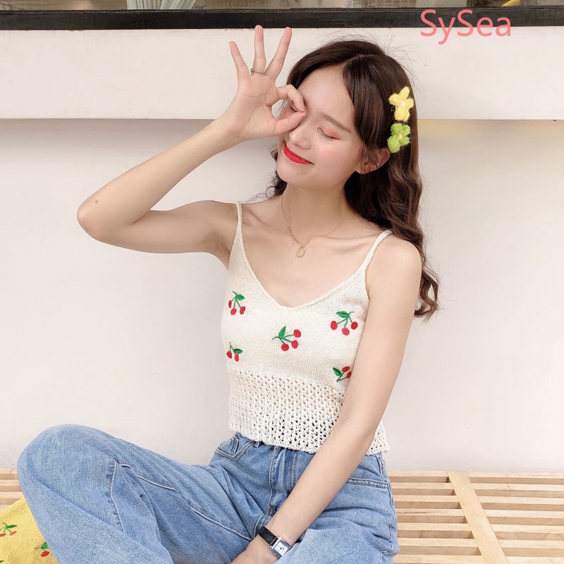 Áo Hai Dây Cổ Chữ V Thêu Hình Trái Cherry Xinh Xắn Cho Nữ