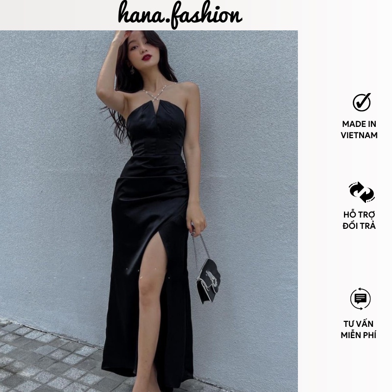 Đầm đi tiệc cổ yếm váy nữ ôm body xẻ đùi dáng dài phù hợp đi tiệc đi đám cưới hẹn hò sang chảnh