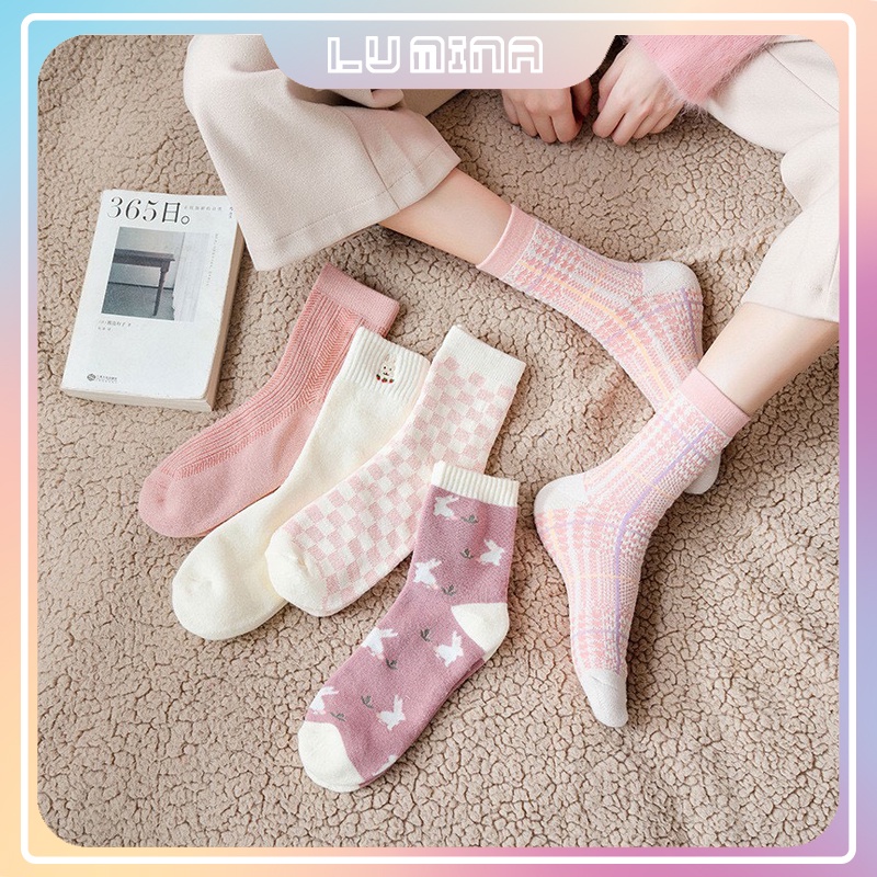 Tất cổ cao nữ họa tiết chú thỏ đáng yêu vớ chân dài tone hồng xinh xắn vintage Hàn Quốc thời trang hè thu LUMINA TD025